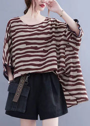 Boutique Red Striped Asymmetrical Patchwork Cotton Top Short Sleeve