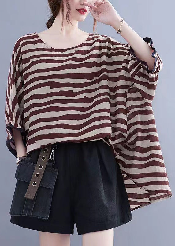 Boutique brown Striped Asymmetrical Patchwork Cotton Top Short Sleeve