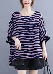 Boutique purple Striped Asymmetrical Patchwork Cotton Top Short Sleeve