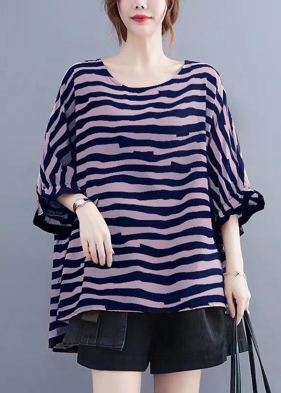 Boutique Chocolate Striped Asymmetrical Patchwork Cotton Top Short Sleeve