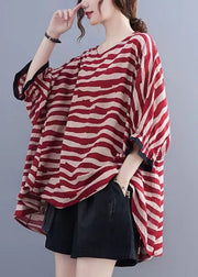 Boutique Red Striped Asymmetrical Patchwork Cotton Top Short Sleeve