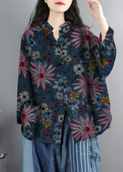 Chinese Style Purple Print Pockets Button Patchwork Cotton Coats Long Sleeve