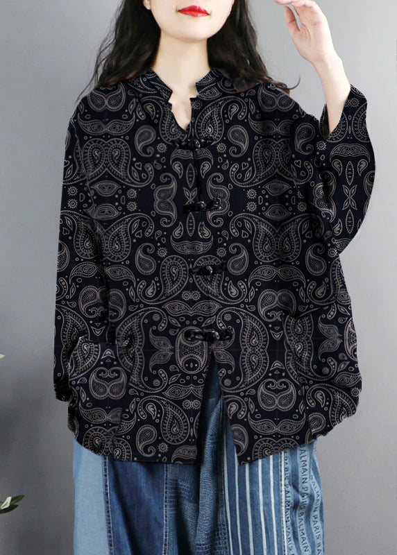 Chinese Style Purple Print Pockets Button Patchwork Cotton Coats Long Sleeve