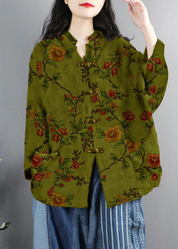 Chinese Style grey Print Pockets Button Patchwork Cotton Coats Long Sleeve