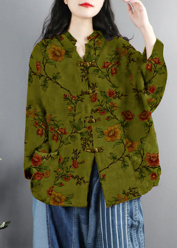 Chinese Style Green Print Pockets Button Patchwork Cotton Coats Long Sleeve