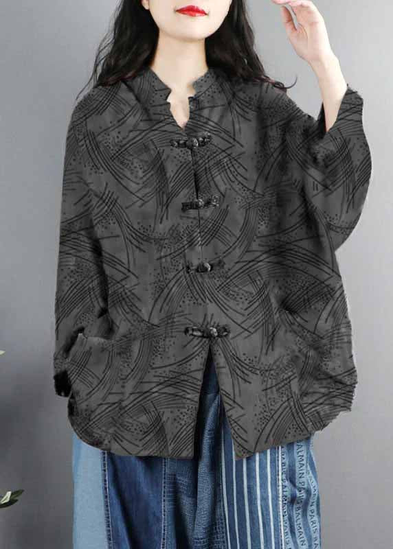 Chinese Style Green Print Pockets Button Patchwork Cotton Coats Long Sleeve