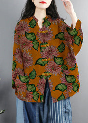 Chinese Style Green Print Pockets Button Patchwork Cotton Coats Long Sleeve