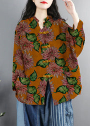 Chinese Style brown-pumpkin Print Pockets Button Patchwork Cotton Coats Long Sleeve