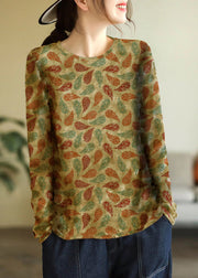 Elegant Indigo-Floral O-Neck Print Cotton Knitted Top Long Sleeve