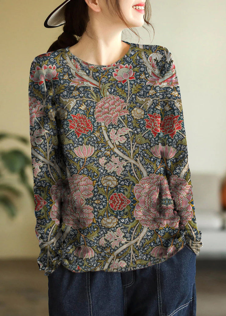 Elegant Yellow O-Neck Print Cotton Knitted Top Long Sleeve