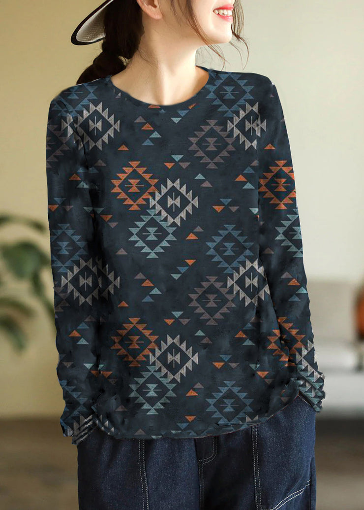 Elegant Grey O-Neck Print Cotton Knitted Top Long Sleeve