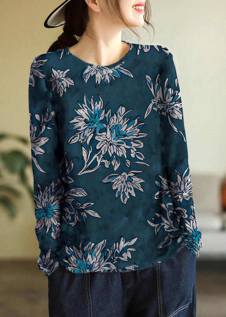 Elegant Indigo-Floral O-Neck Print Cotton Knitted Top Long Sleeve