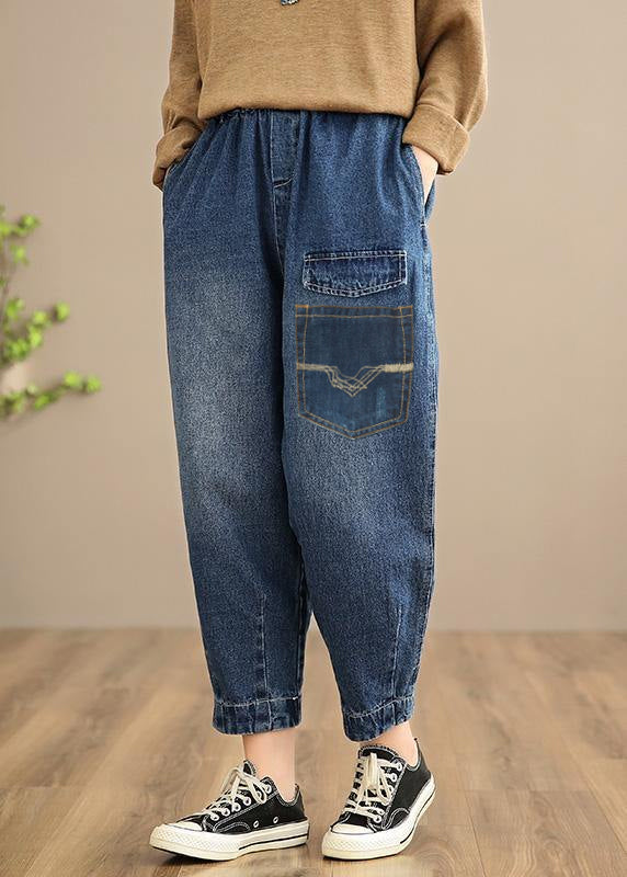 Handmade Spring Casual Pants Oversize Denim Blue-Pocket Photography Elastic Waist Trousers