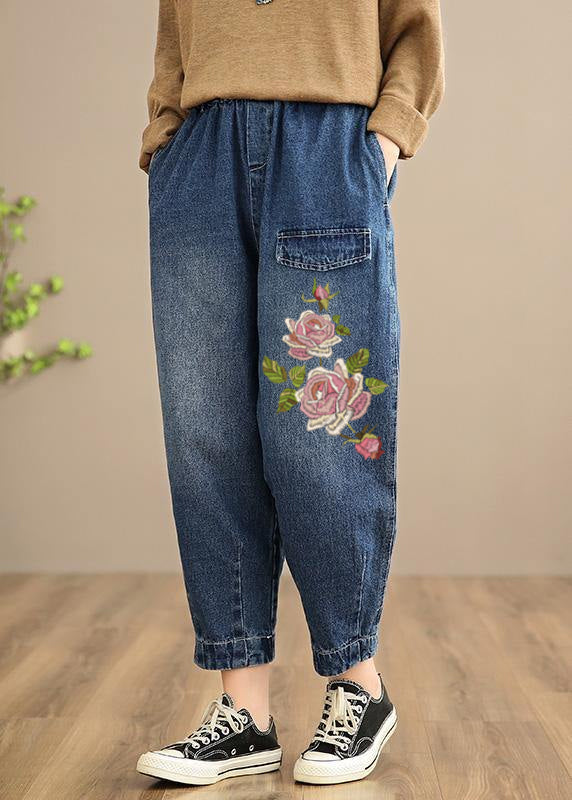 Handmade Spring Casual Pants Oversize Denim Blue-little flower Photography Elastic Waist Trousers