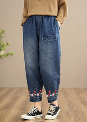 Handmade Spring Casual Pants Oversize Denim Blue-Rose Photography Elastic Waist Trousers