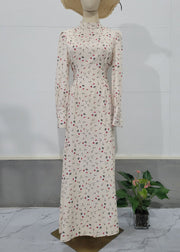 2025 Autumn Apricot Lace Up Stand Collar Print Chiffon Dress