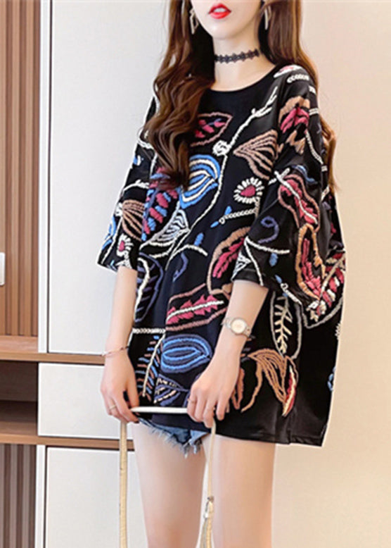 2024 Fashion Black O-Neck Print Top Summer