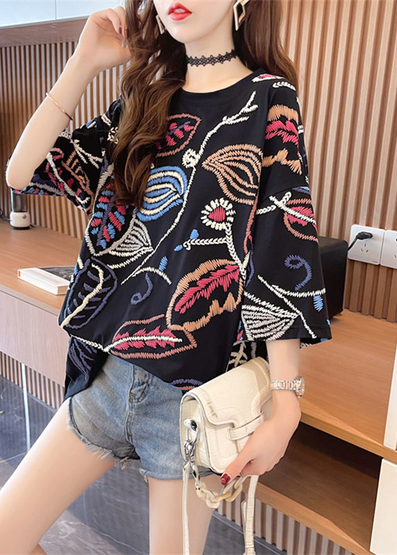 2024 Fashion Black O-Neck Print Top Summer