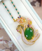 2024 Green Sterling Silver Overgild Jade Cat's Eye Stone Swan Zircon Bamboo Joints Pendant Necklace