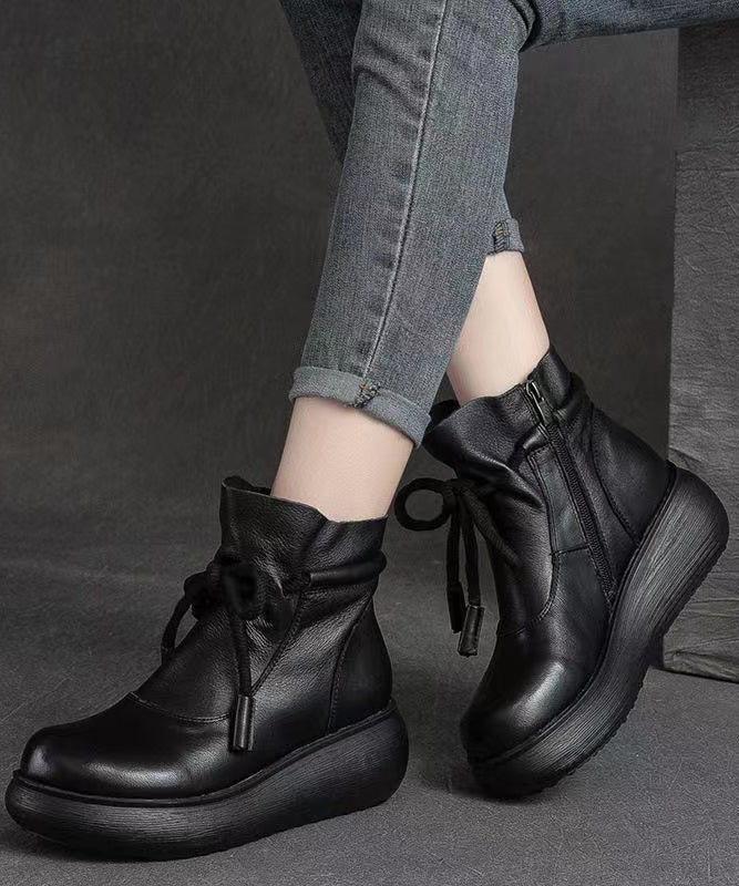 2025 Lace Up Zippered Splicing Platform Boots Black Cowhide Leather