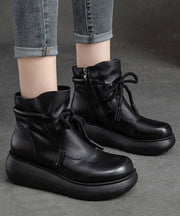 2025 Lace Up Zippered Splicing Platform Boots Black Cowhide Leather