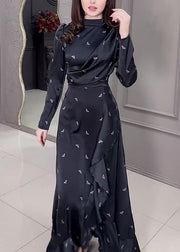 2025 New Black Ruffled Print Silk Long Dress Spring