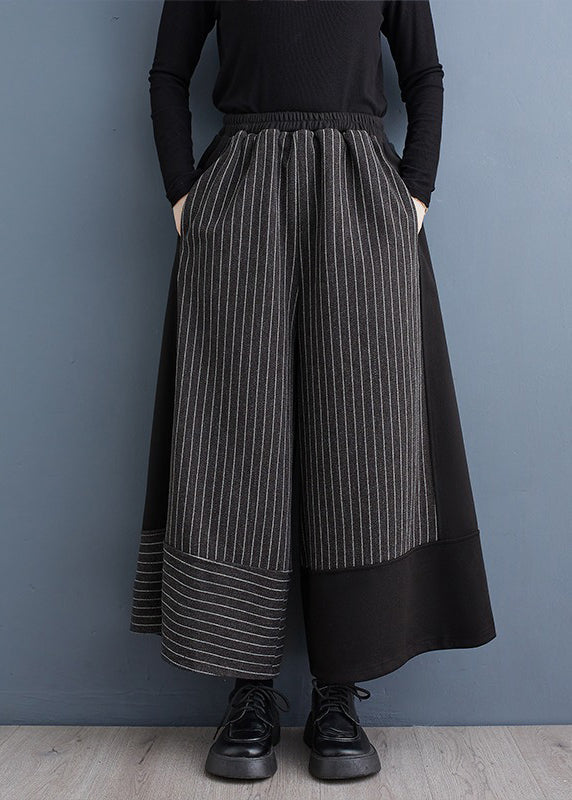 2025 New Black Striped Patchwork Elastic Waist Woolen Wide Leg Pants Spring