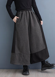 2025 New Black Striped Patchwork Elastic Waist Woolen Wide Leg Pants Spring