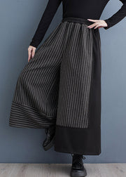 2025 New Black Striped Patchwork Elastic Waist Woolen Wide Leg Pants Spring