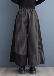 2024 New Black Striped Patchwork Elastic Waist Woolen Wide Leg Pants Spring