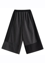 2025 New Black Striped Patchwork Elastic Waist Woolen Wide Leg Pants Spring