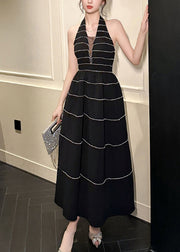 2025 New Black V Neck Striped Zircon Backless Vacation Long Dresses Summer