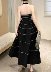 2025 New Black V Neck Striped Zircon Backless Vacation Long Dresses Summer