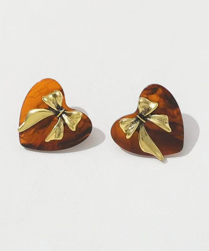 2025 New Brown Sterling Silver Inlaid Love Acrylic Bow Stud Earrings