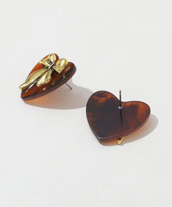 2025 New Brown Sterling Silver Inlaid Love Acrylic Bow Stud Earrings