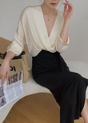 2025 New Chic Beige V Neck Chiffon Shirts Batwing Sleeve