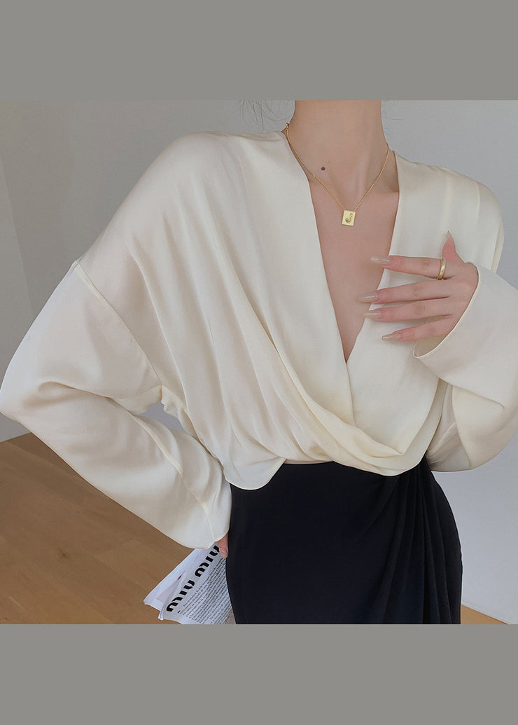 2025 New Chic Beige V Neck Chiffon Shirts Batwing Sleeve