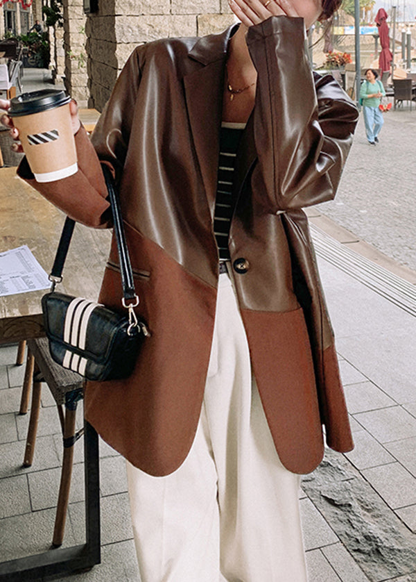 2025 New Coffee Notched Patchwork Faux Leather Suit Coat Spring