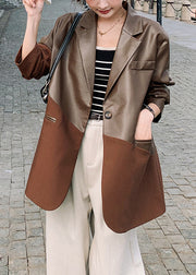 2025 New Coffee Notched Patchwork Faux Leather Suit Coat Spring