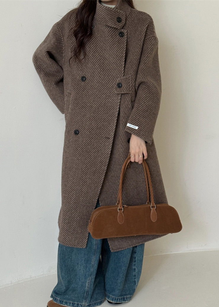 2024 New Coffee Stand Collar Double Breast Woolen Coat Winter