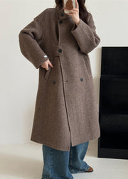 2024 New Coffee Stand Collar Double Breast Woolen Coat Winter