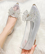 2024 New Gold Breathable Bow Zircon Tulle Pointed Flat Shoes