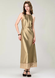 2025 New Gold Print Patchwork Silk Long Dress Summer