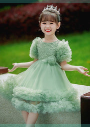 2024 New Green Patchwork Floral Tulle Kids Maxi Dresses Short Sleeve