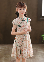 2024 New Green Stand Collar Print Girls Maxi Dresses Short Sleeve