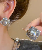 2024 New Grey Alloy Pearl Zircon Stud Earrings