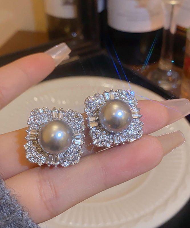 2024 New Grey Alloy Pearl Zircon Stud Earrings