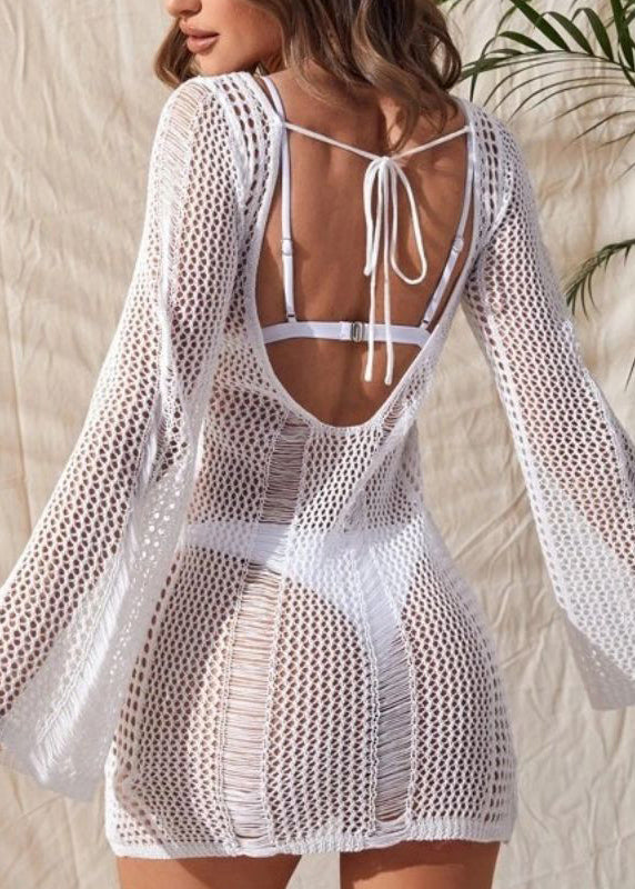 2024 New Hollow Open Back Beach Knitted Cover Up Long Sleeve