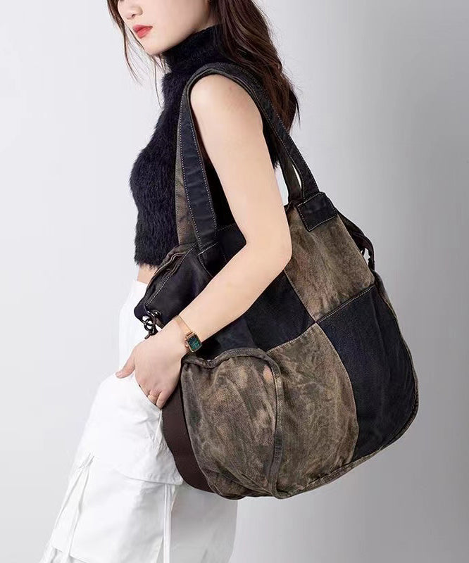2024 New Large Capacity Calf Leather Patchwork Canvas Satchel Bag Handbag