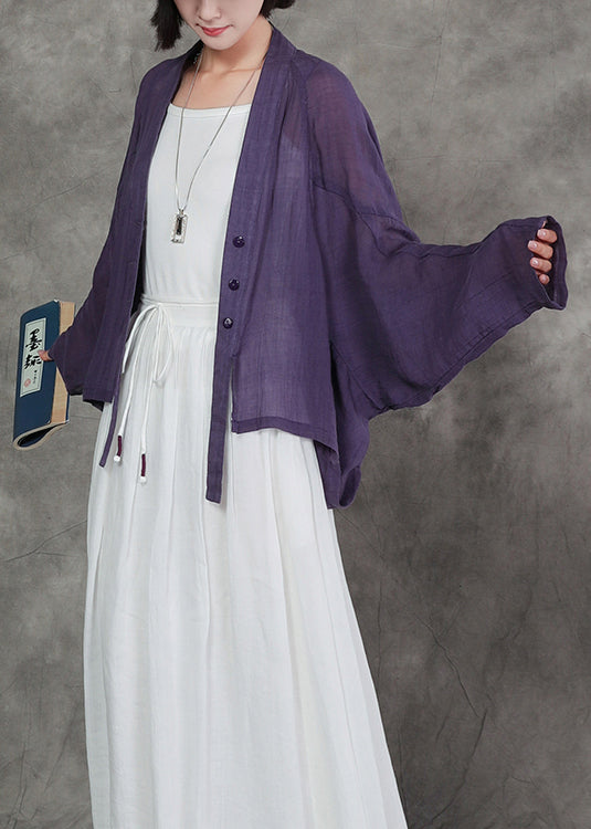 2025 New Original Purple V Neck Linen Cardigan Bat Sleeves